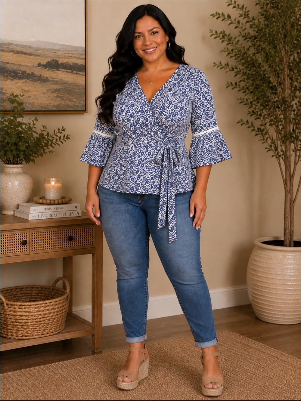 Lane Bryant Blue Floral Wrap Blouse with Tie